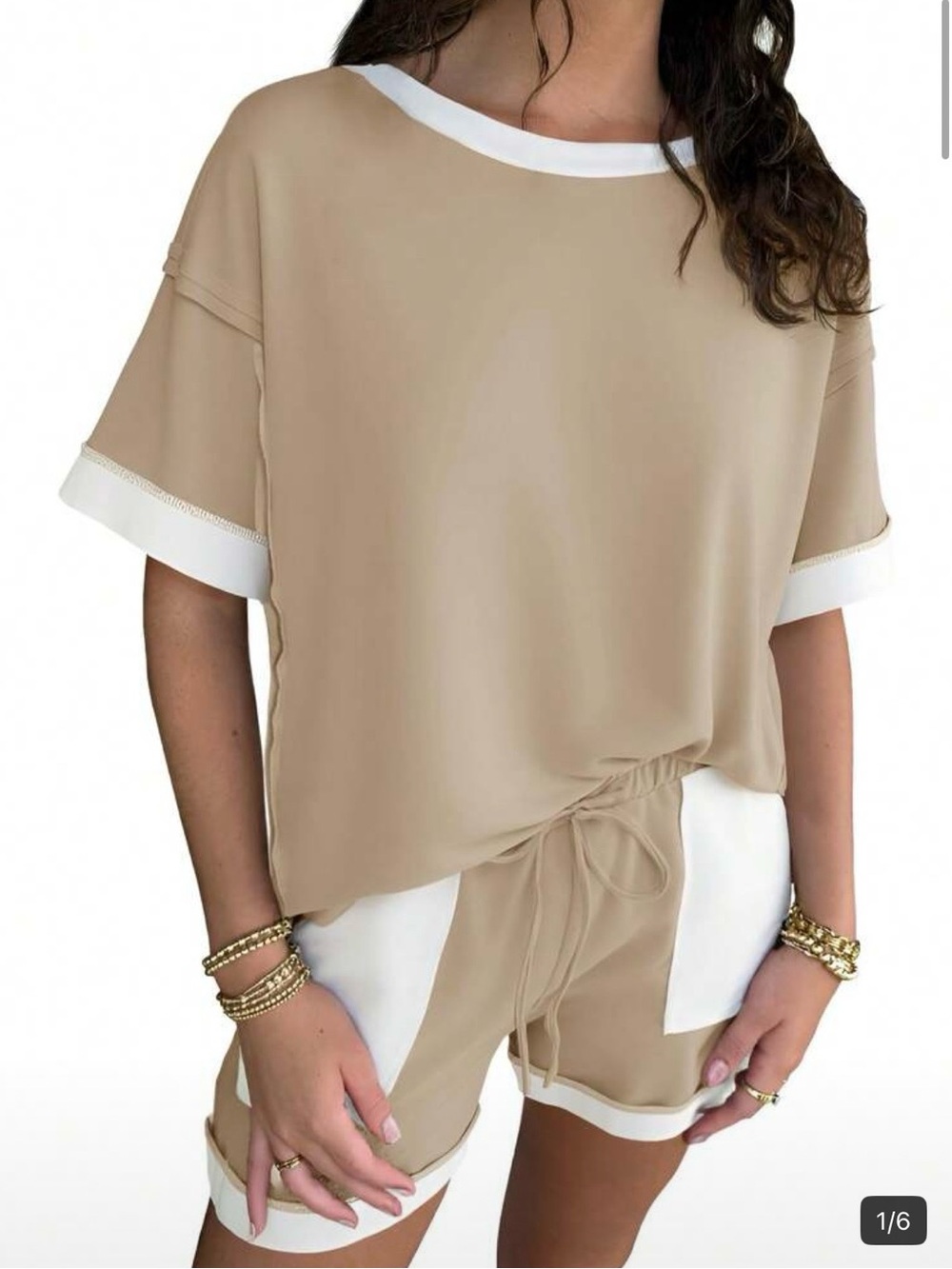 SHEIN Khaki Lounge Set with White Trim Women Medium